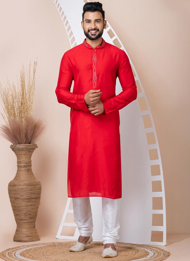 Ps Viscose Red Festival Wear Embroidery Work Readymade Kurta Pajama